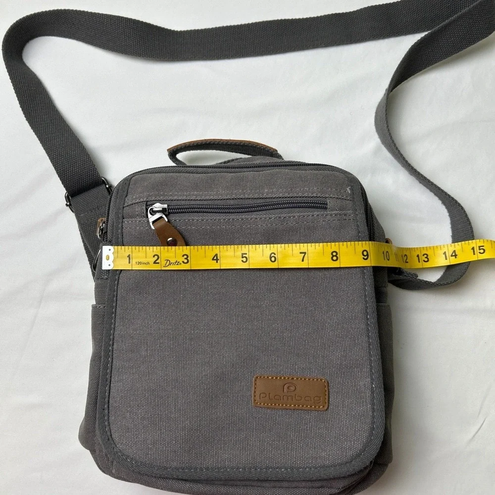 Plambag Mens Gray Canvas Multi Pocket Messenger Crossbody Bag Medium Gray